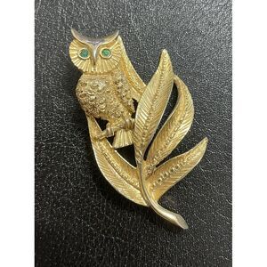 Gold Green Rhinestone Eyes‎ Owl Pin Brooch✨Vintage